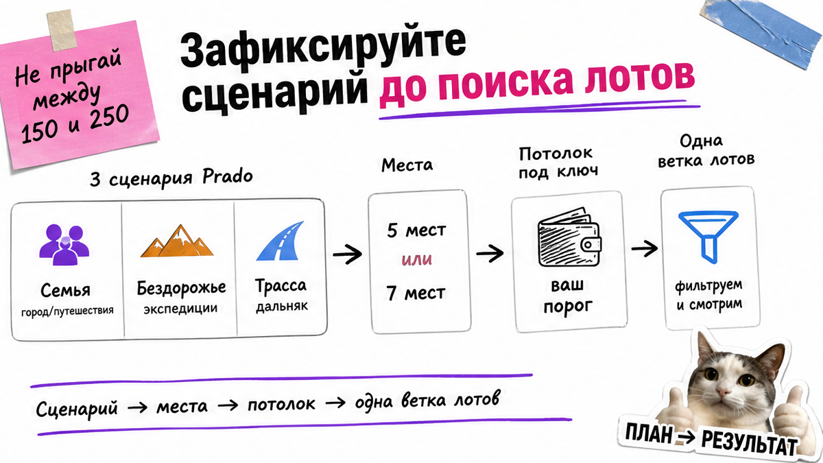 Схема выбора сценария Prado до поиска лотов: семья, бездорожье или трасса